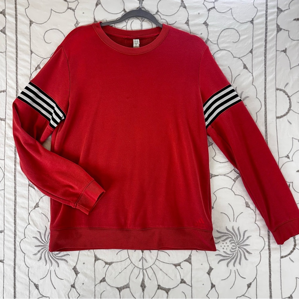 adidas Women's Red Crewneck Lightweight Sweater Top with Striped Sleeves Large